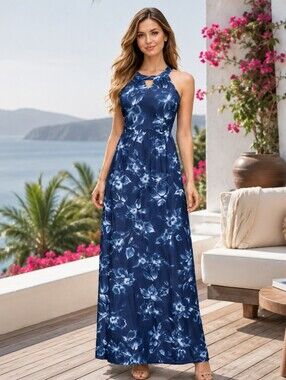 𝅺Aphratti Hues of Blue Floral Print Maxi Dress
